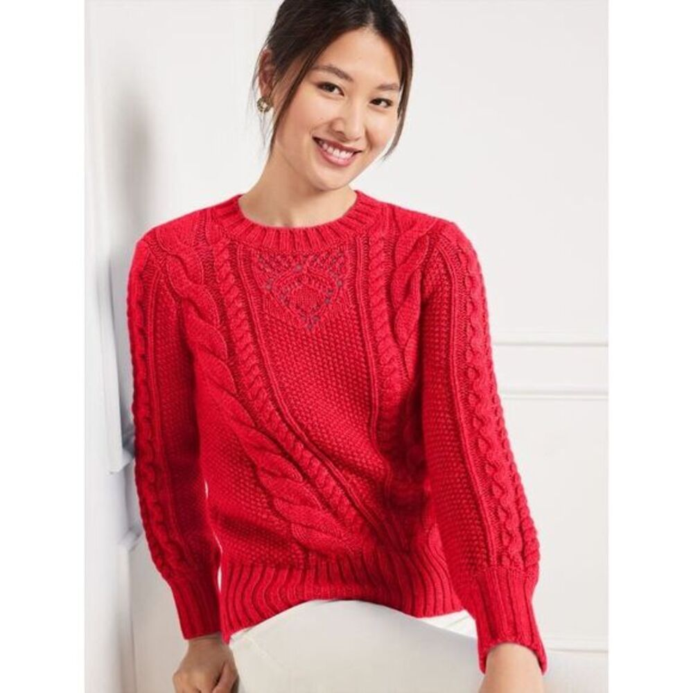 Talbots Balloon Sleeve Cable Knit Sweater Red Pointelle Crew Neck Large Womens L
